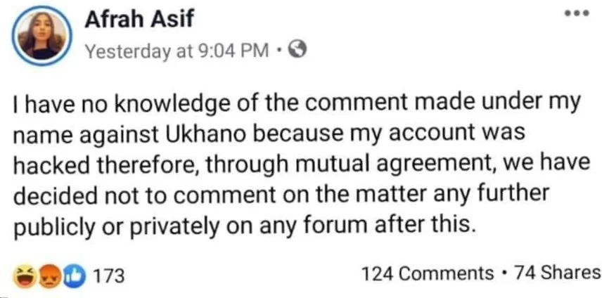 Afrah Asif Admits Allegations Against Ukhano Were False